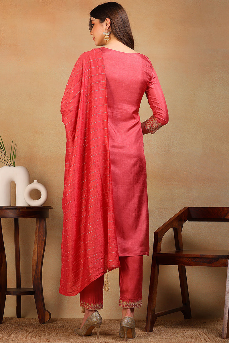 Rust Red Silk Blend Solid Embroidered Straight Suit Set  | SHOBITAM