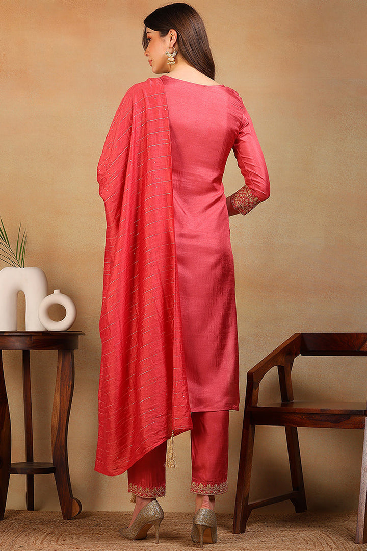 Rust Red Silk Blend Solid Embroidered Straight Suit Set  | SHOBITAM