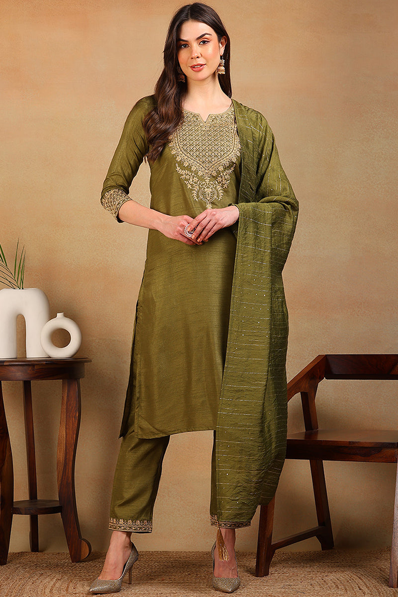 Olive Green Silk Blend Solid Embroidered Straight Suit Set | SHOBITAM