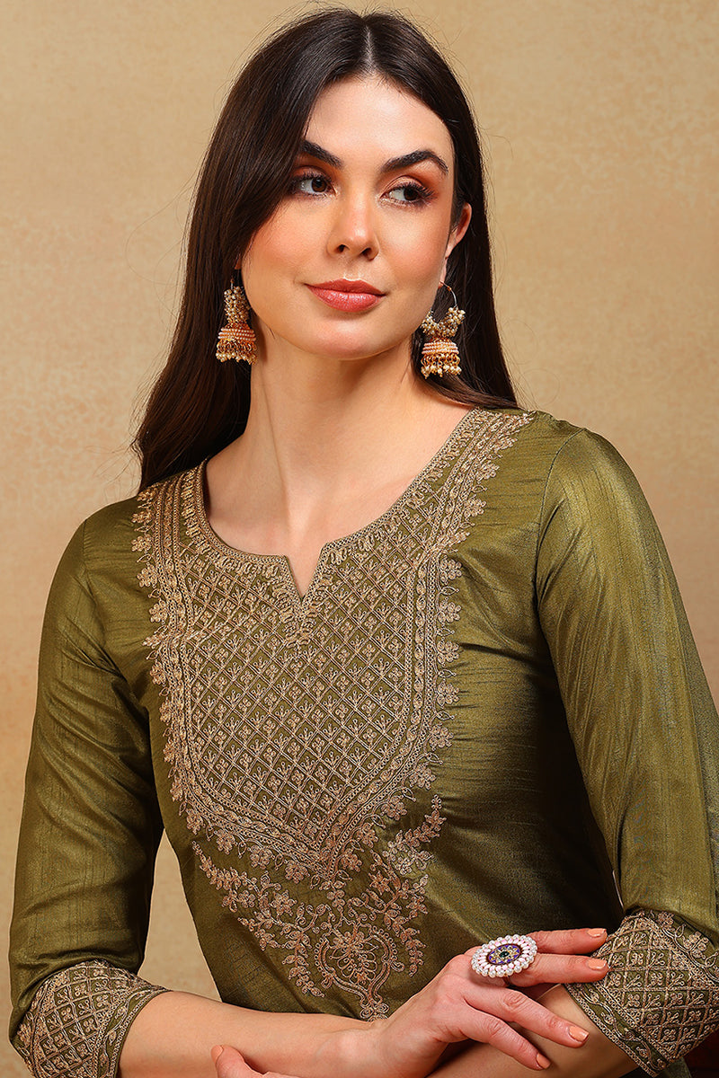 Olive Green Silk Blend Solid Embroidered Straight Suit Set | SHOBITAM