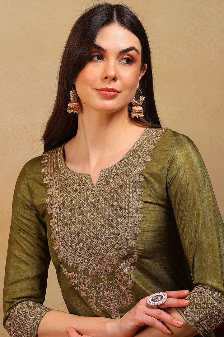 Olive Green Silk Blend Solid Embroidered Straight Suit Set | SHOBITAM