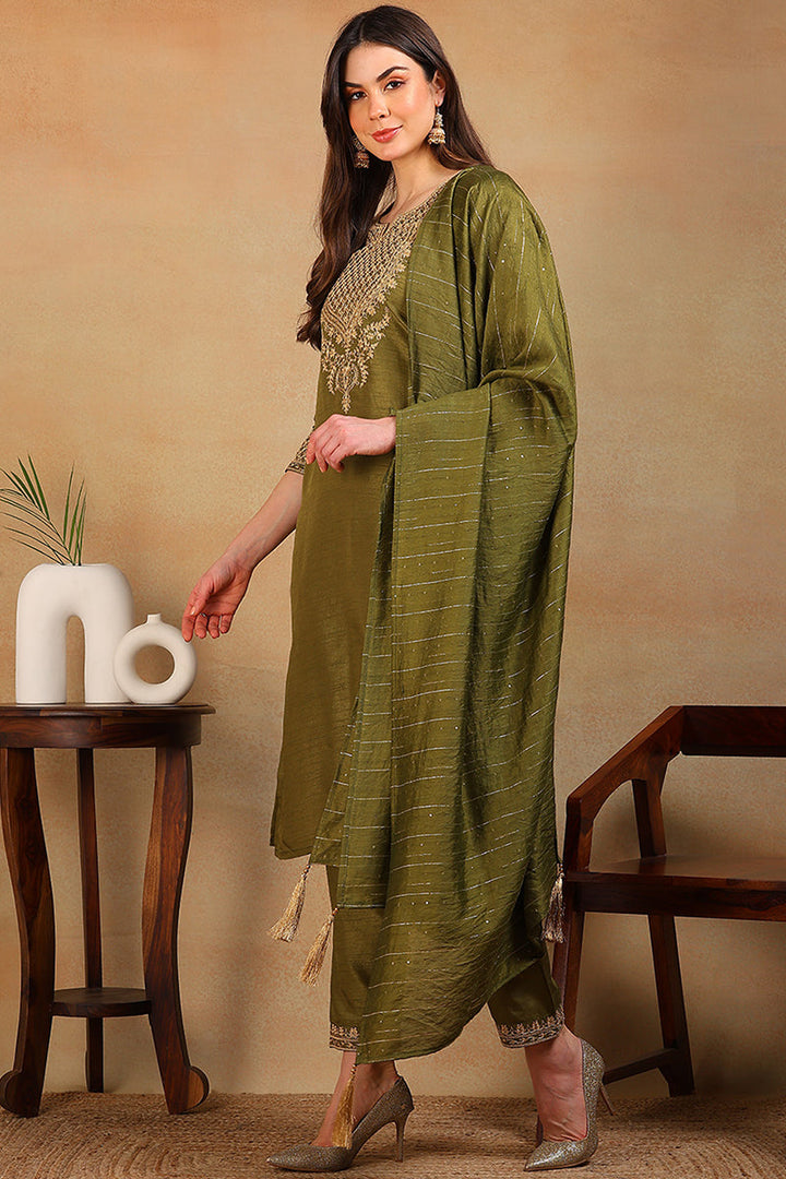 Olive Green Silk Blend Solid Embroidered Straight Suit Set | SHOBITAM