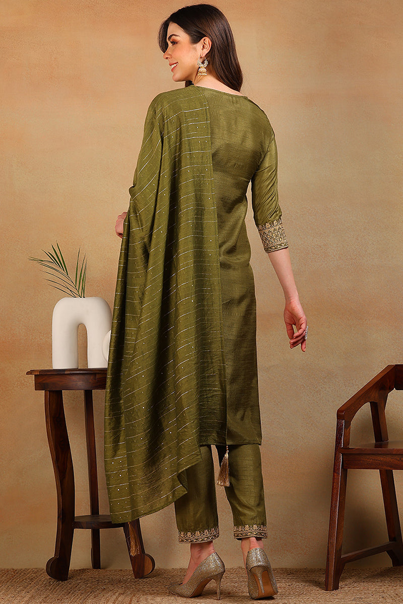 Olive Green Silk Blend Solid Embroidered Straight Suit Set | SHOBITAM