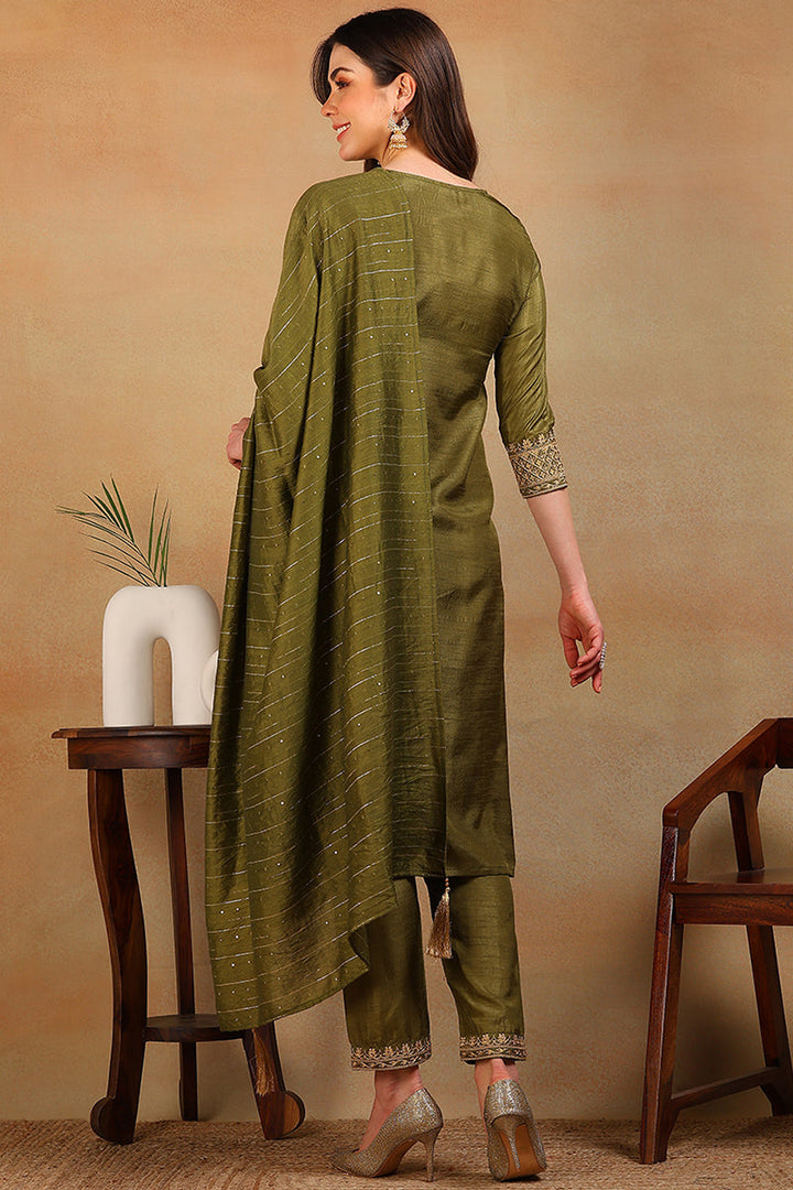Olive Green Silk Blend Solid Embroidered Straight Suit Set | SHOBITAM