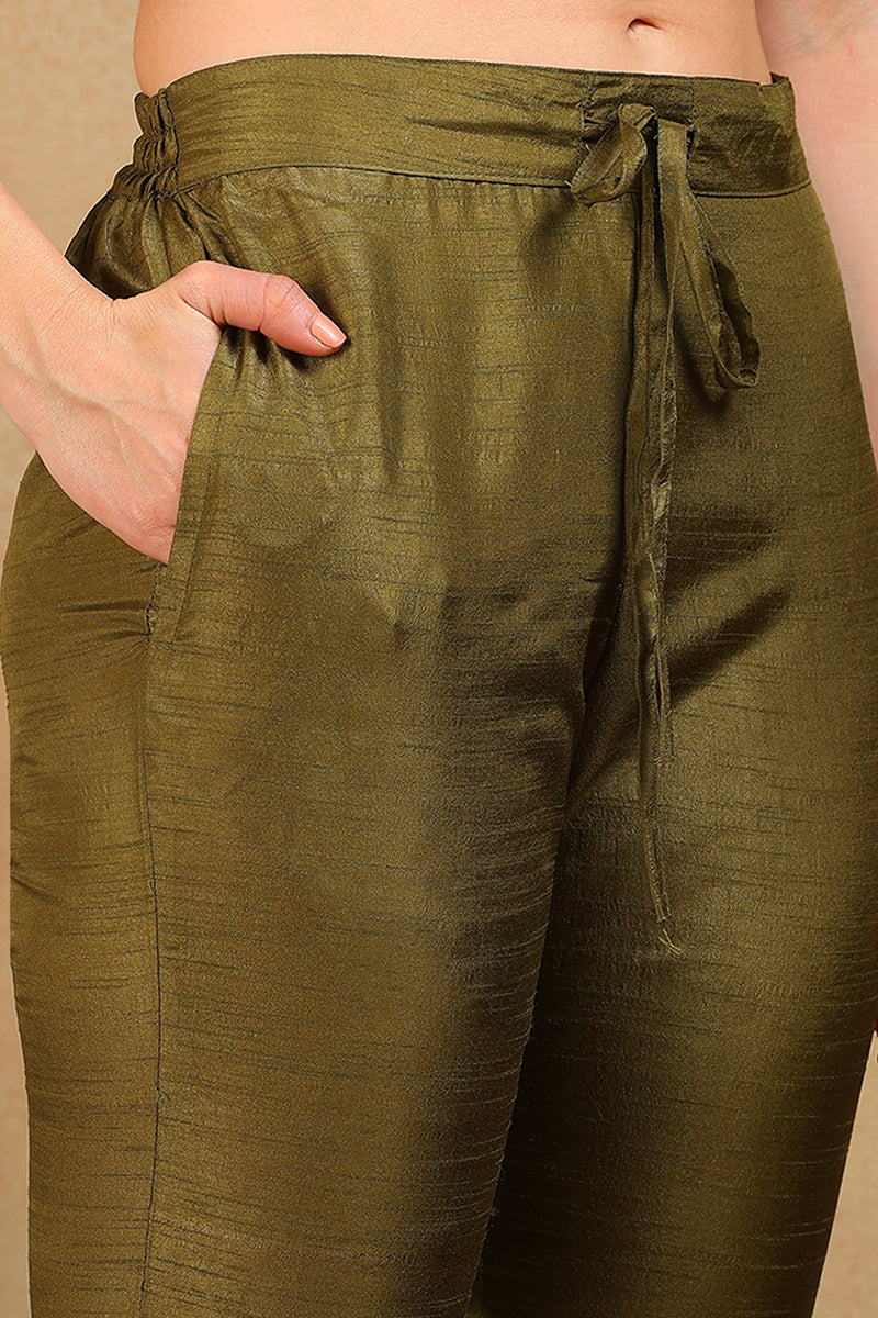 Olive Green Silk Blend Solid Embroidered Straight Suit Set | SHOBITAM