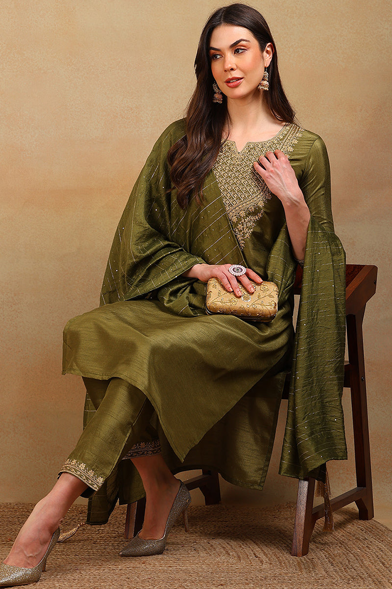 Olive Green Silk Blend Solid Embroidered Straight Suit Set | SHOBITAM