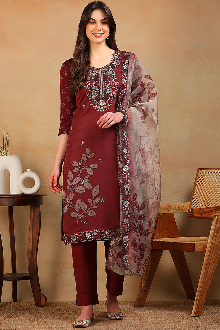 Rust Red Organza Floral Embroidered Straight Suit Set | SHOBITAM