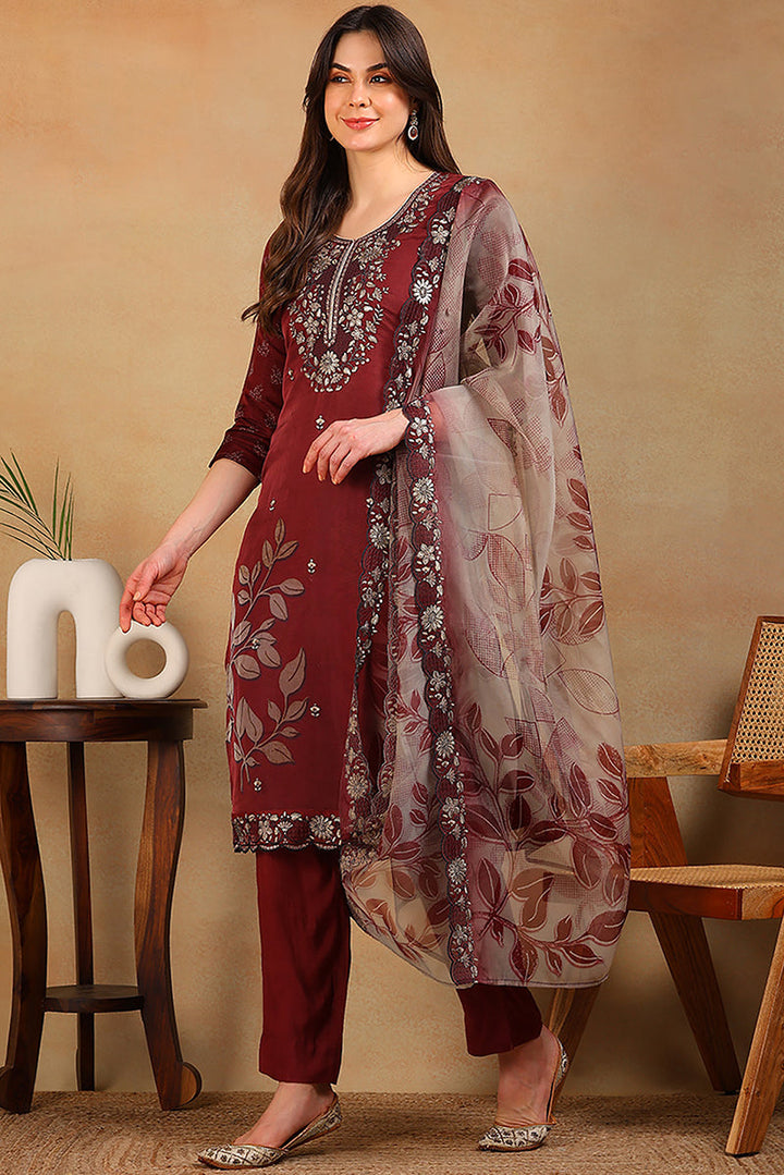Rust Red Organza Floral Embroidered Straight Suit Set | SHOBITAM
