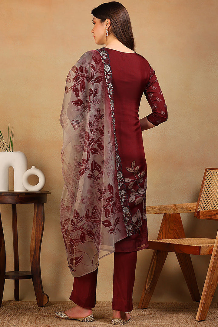 Rust Red Organza Floral Embroidered Straight Suit Set | SHOBITAM