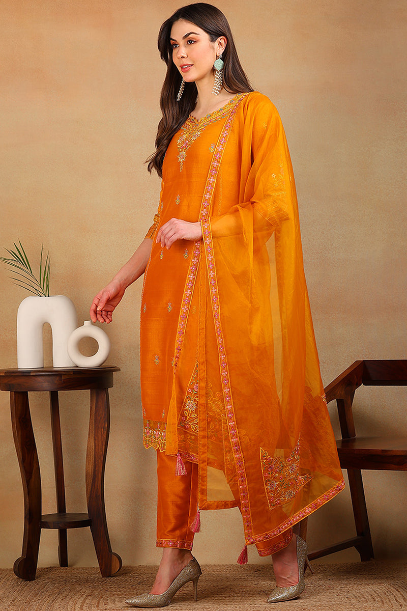 Mustard Yellow Silk Blend Solid Embroidered Straight Suit Set | SHOBITAM