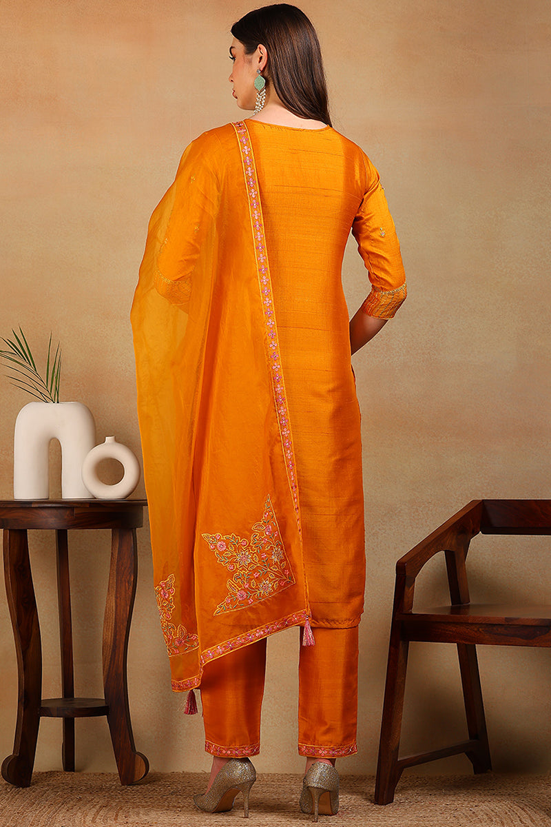 Mustard Yellow Silk Blend Solid Embroidered Straight Suit Set | SHOBITAM