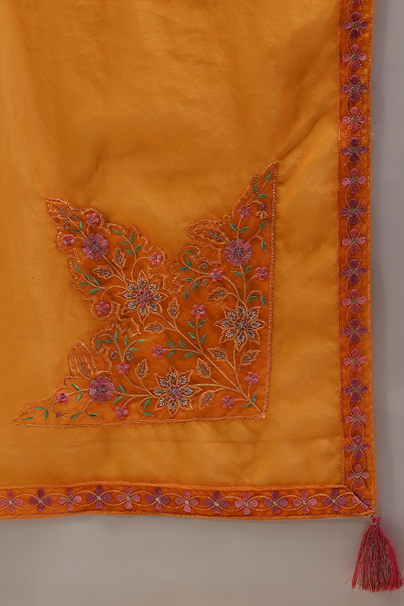 Mustard Yellow Silk Blend Solid Embroidered Straight Suit Set | SHOBITAM