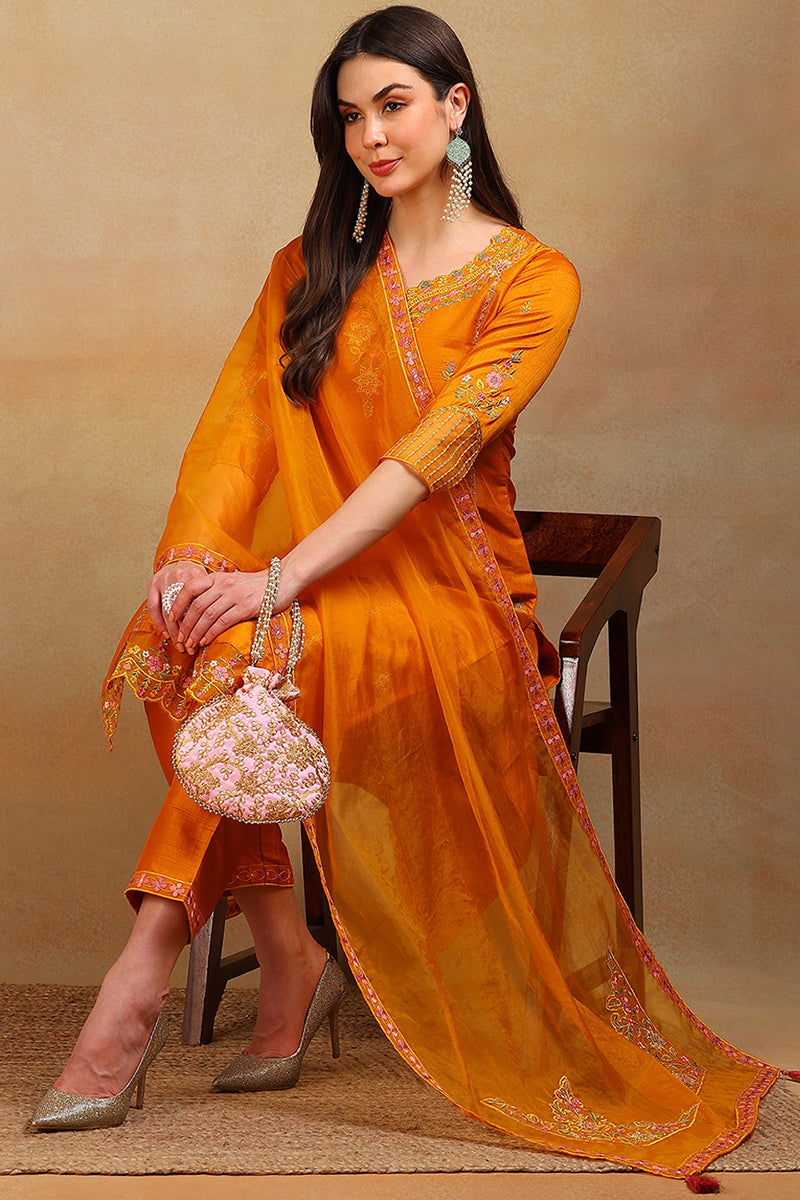 Mustard Yellow Silk Blend Solid Embroidered Straight Suit Set | SHOBITAM