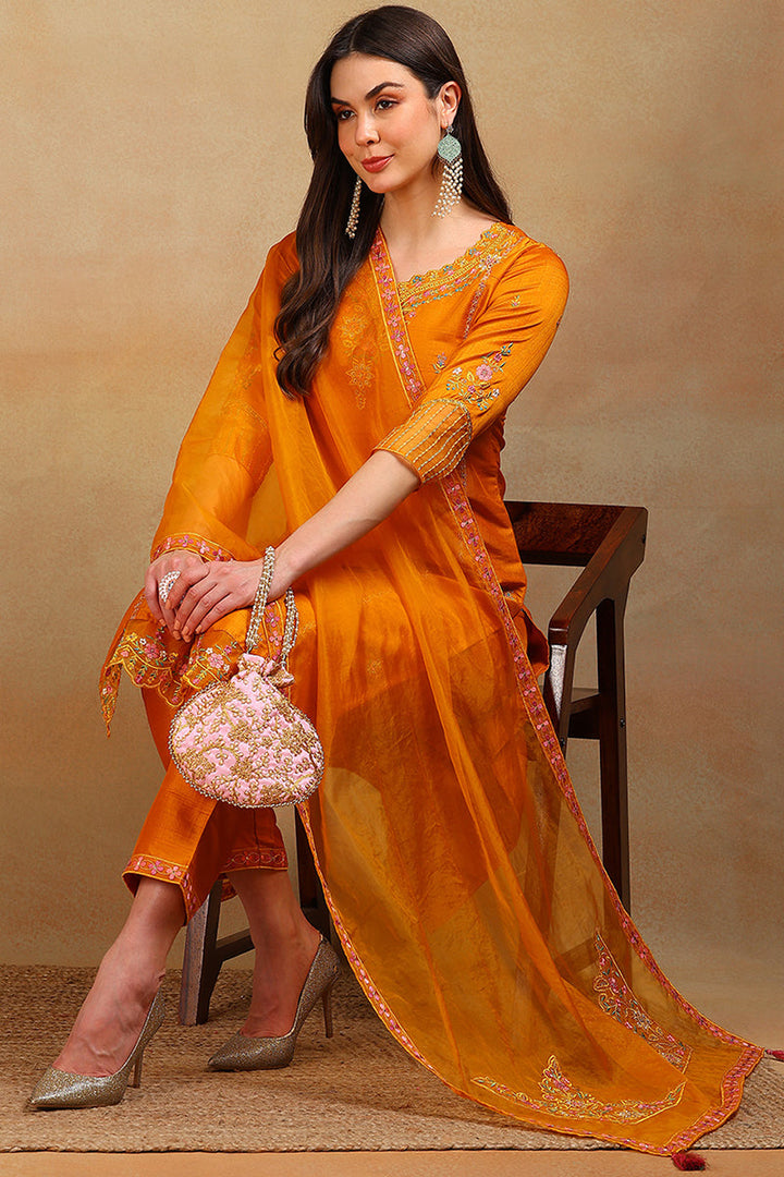 Mustard Yellow Silk Blend Solid Embroidered Straight Suit Set | SHOBITAM