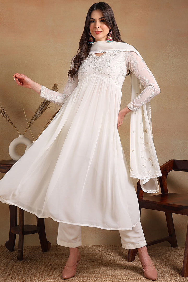 Off White Poly Georgette Embroidered A-Line Suit Set | SHOBITAM
