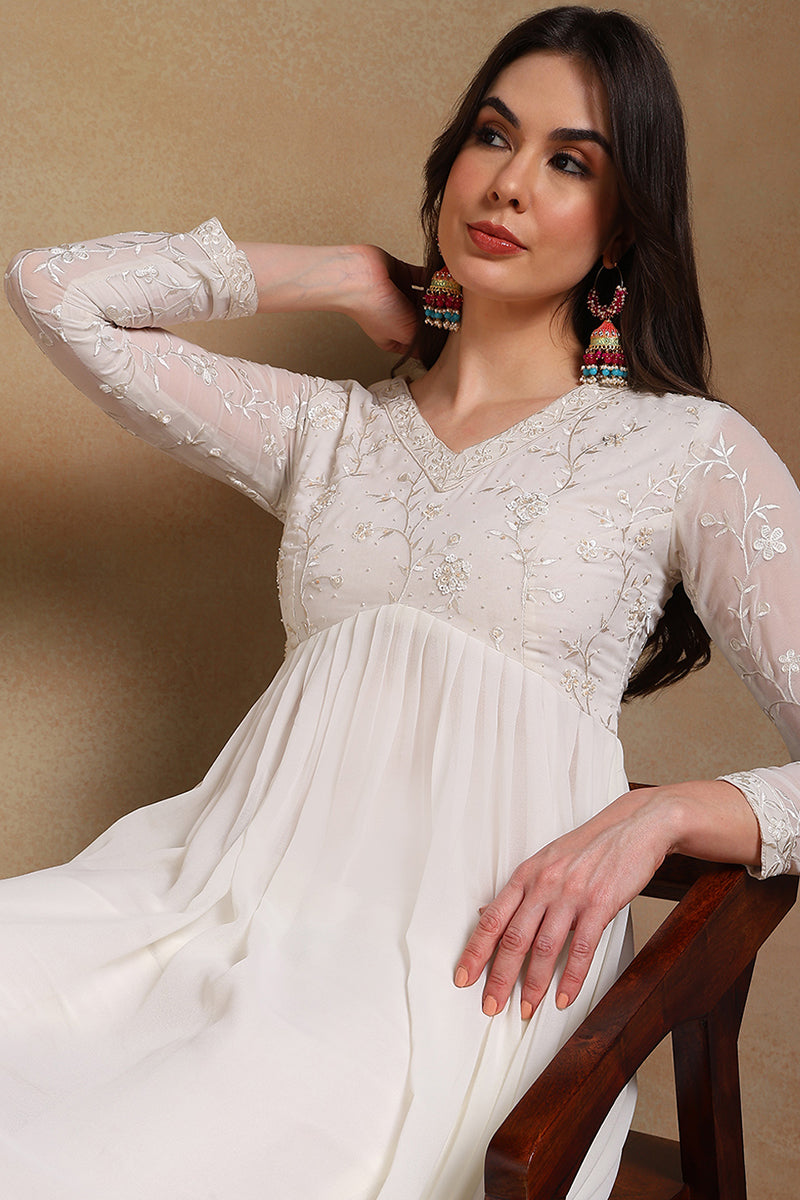 Off White Poly Georgette Embroidered A-Line Suit Set | SHOBITAM