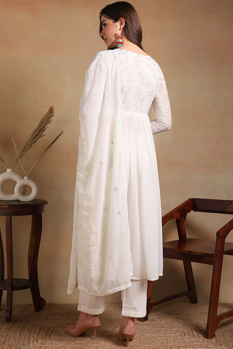 Off White Poly Georgette Embroidered A-Line Suit Set | SHOBITAM
