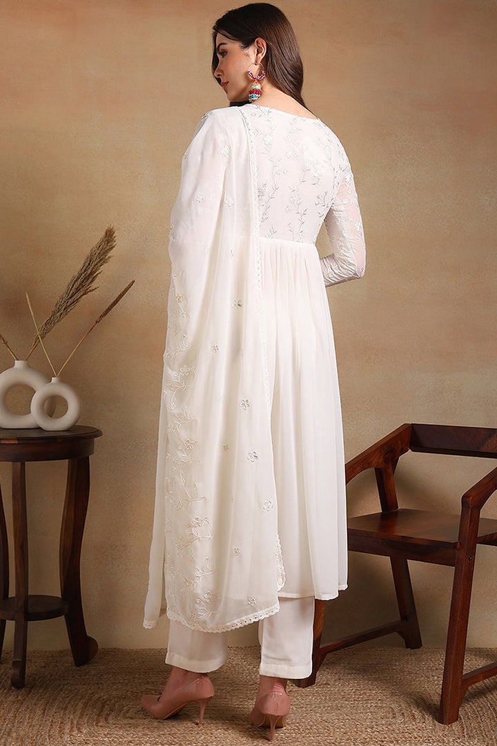 Off White Poly Georgette Embroidered A-Line Suit Set | SHOBITAM