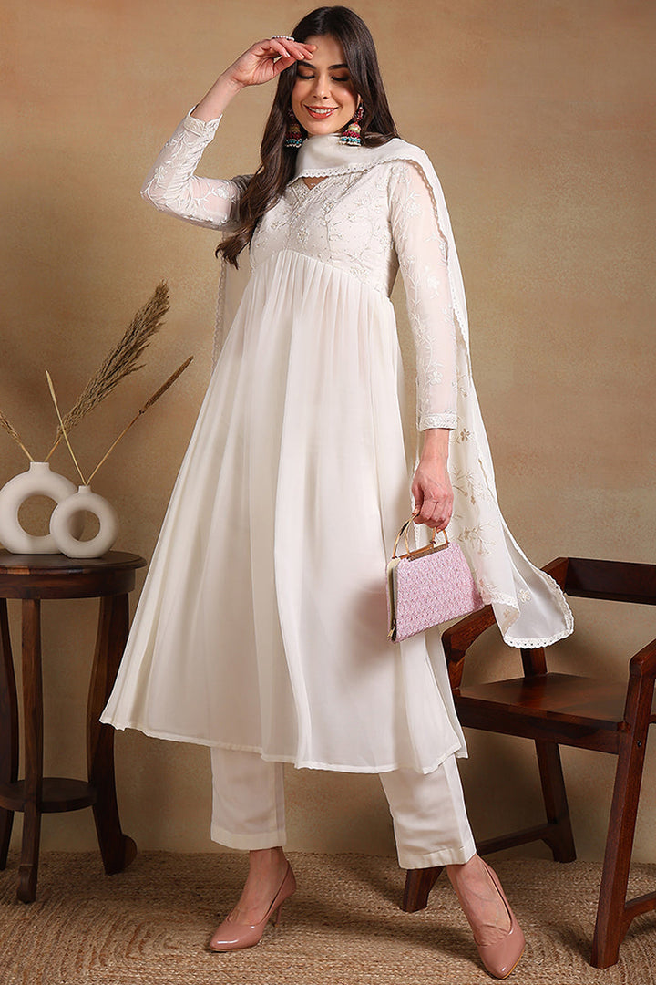 Off White Poly Georgette Embroidered A-Line Suit Set | SHOBITAM