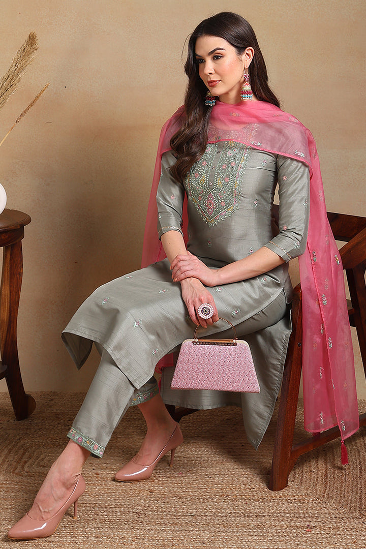 Grey Silk Blend Floral Embroidered Straight Trouser Suit Set | SHOBITAM