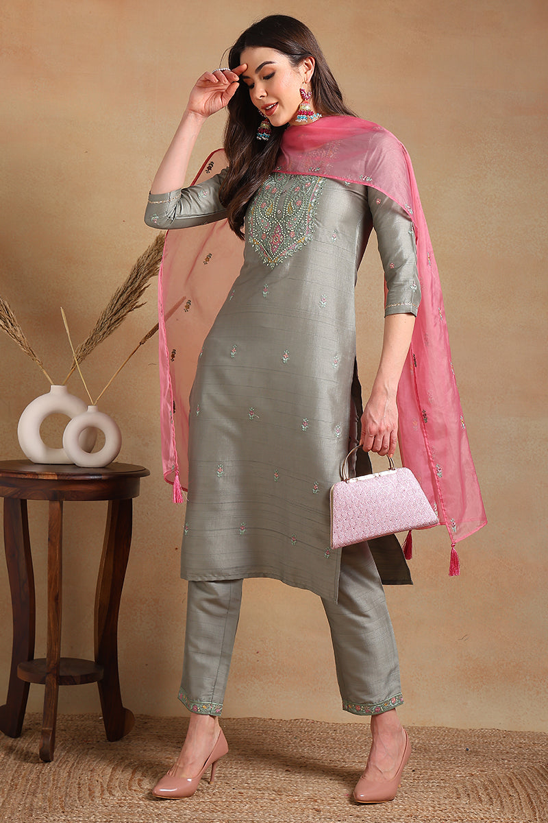 Grey Silk Blend Floral Embroidered Straight Trouser Suit Set | SHOBITAM