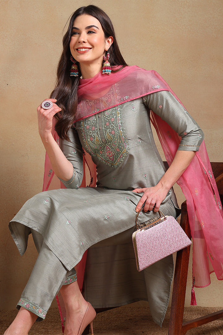 Grey Silk Blend Floral Embroidered Straight Trouser Suit Set | SHOBITAM