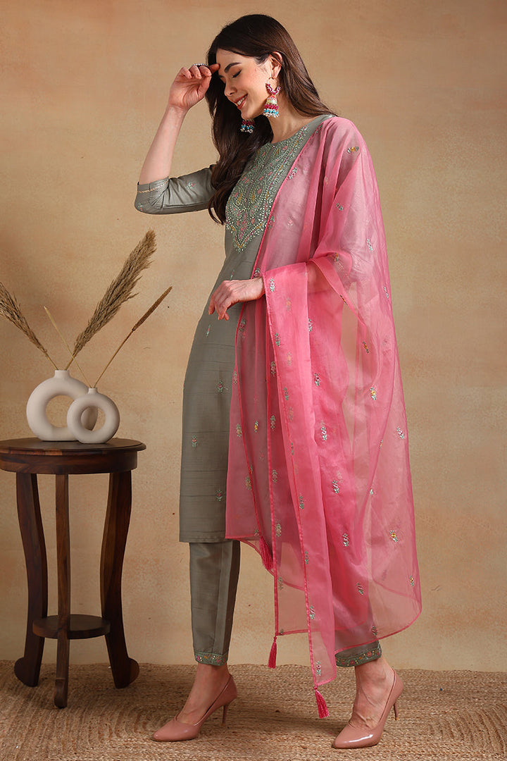 Grey Silk Blend Floral Embroidered Straight Trouser Suit Set | SHOBITAM