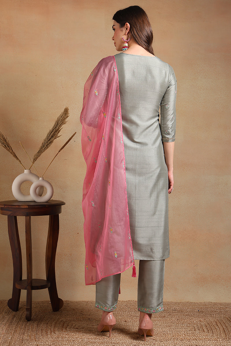 Grey Silk Blend Floral Embroidered Straight Trouser Suit Set | SHOBITAM