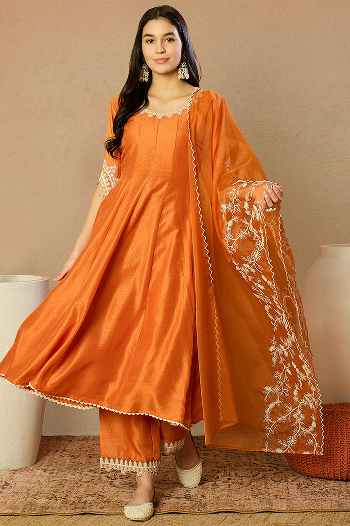 Orange Silk Blend Solid Embroidered Flared Suit Set | SHOBITAM