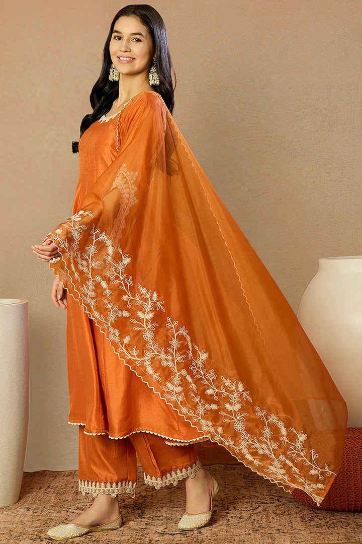 Orange Silk Blend Solid Embroidered Flared Suit Set | SHOBITAM