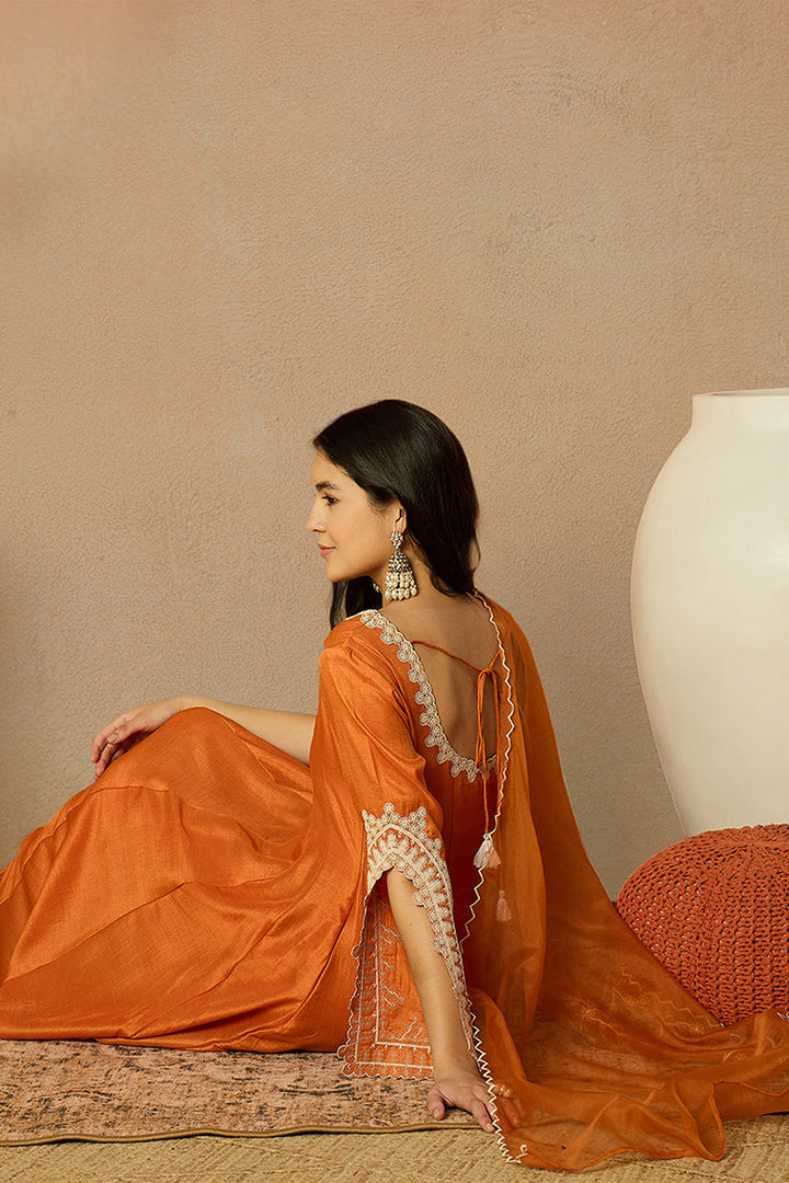 Orange Silk Blend Solid Embroidered Flared Suit Set | SHOBITAM