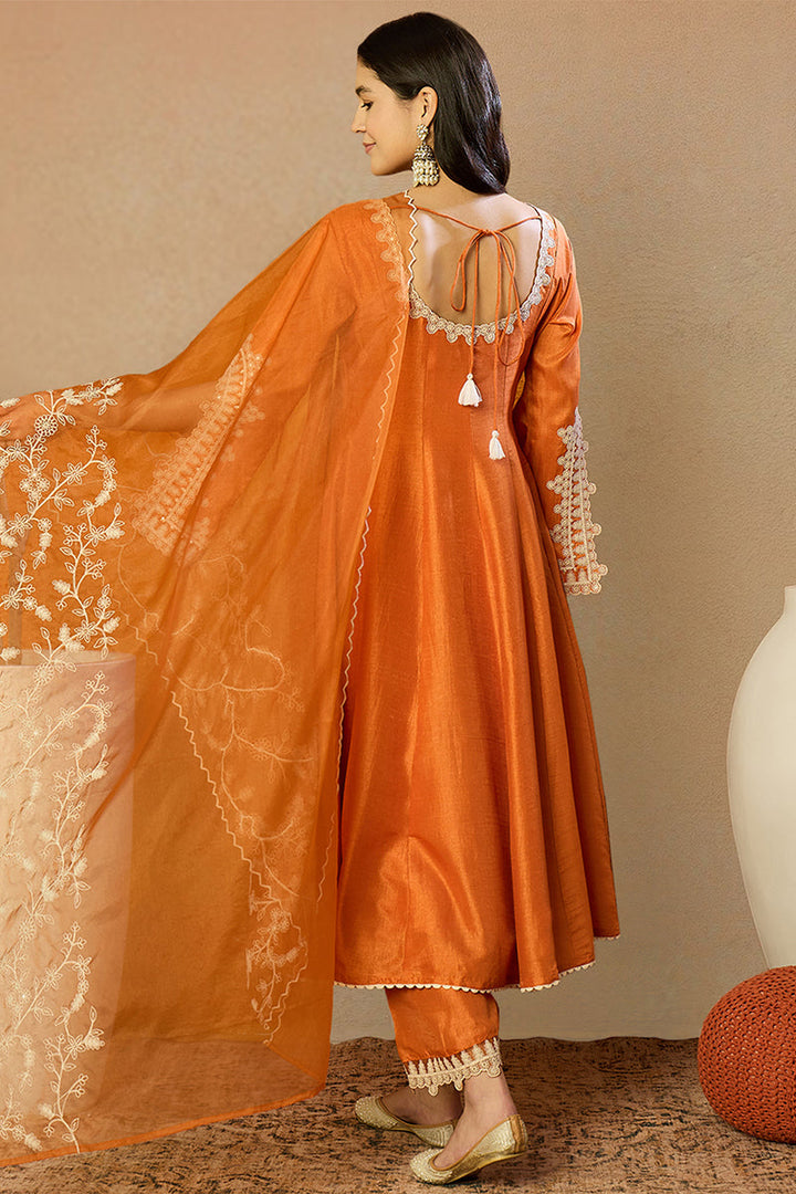 Orange Silk Blend Solid Embroidered Flared Suit Set | SHOBITAM