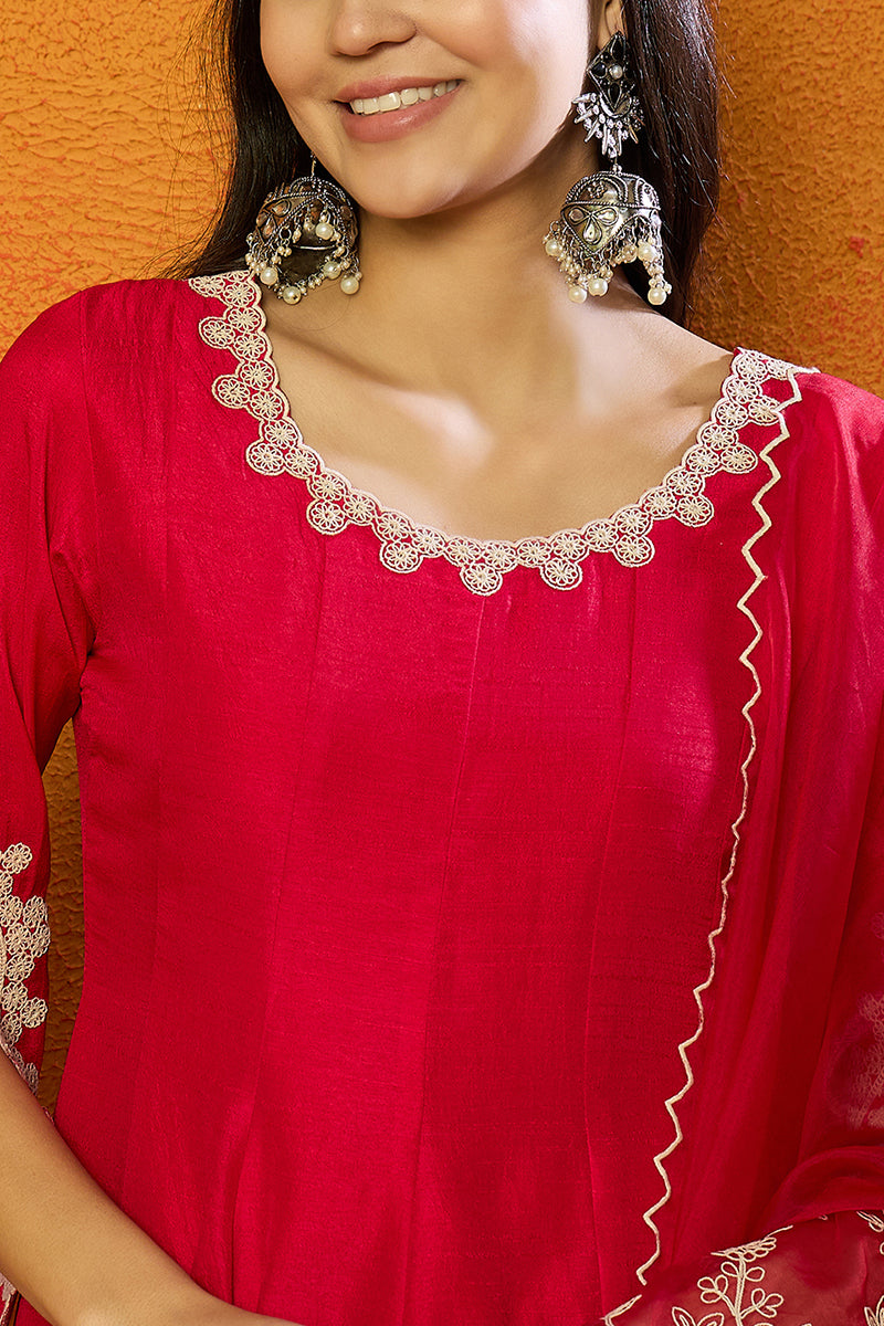 Fuchsia Pink Silk Blend Solid Embroidered Flared Suit Set | SHOBITAM