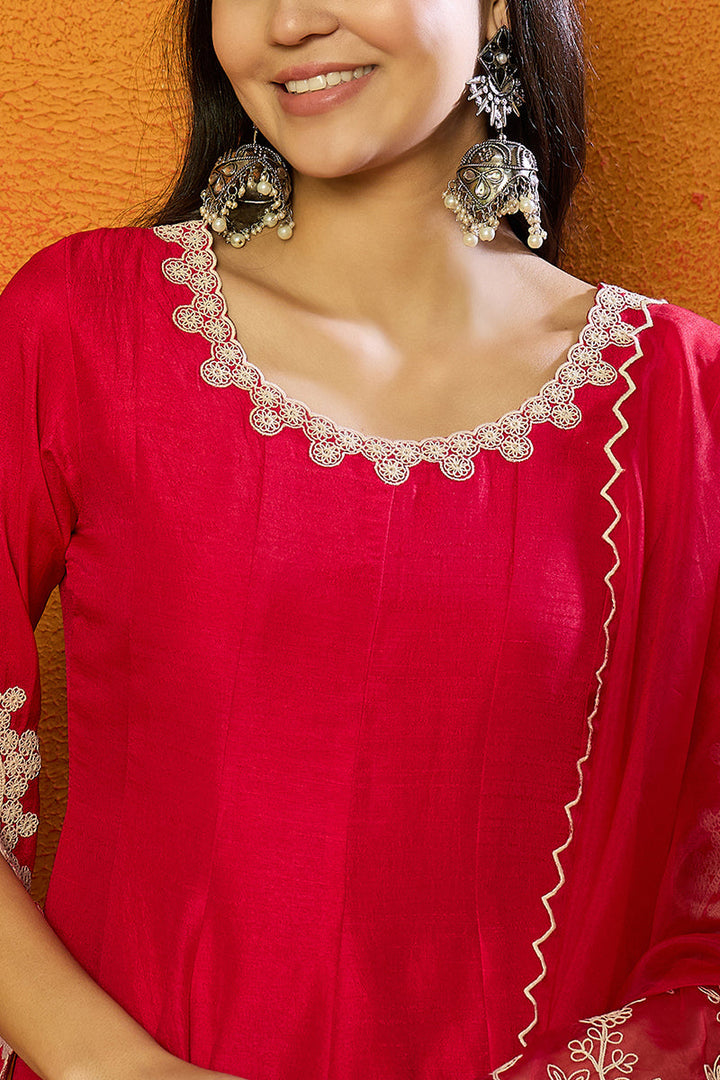 Fuchsia Pink Silk Blend Solid Embroidered Flared Suit Set | SHOBITAM