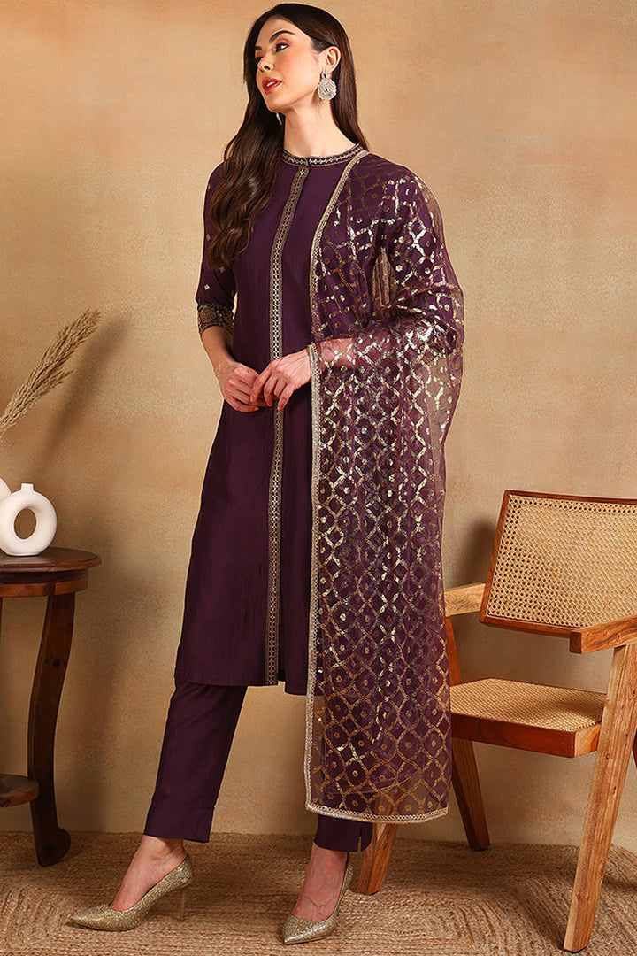 Purple Silk Blend Embroidered Straight Suit Set | SHOBITAM