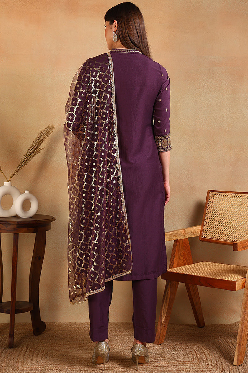 Purple Silk Blend Embroidered Straight Suit Set | SHOBITAM