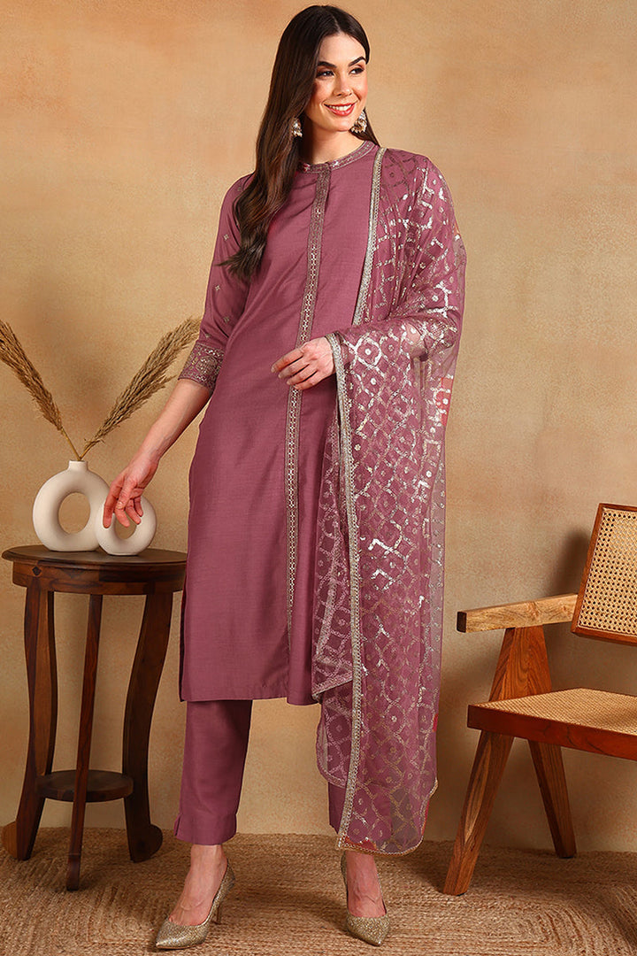 Pink Silk Blend Embroidered Straight Suit Set | SHOBITAM