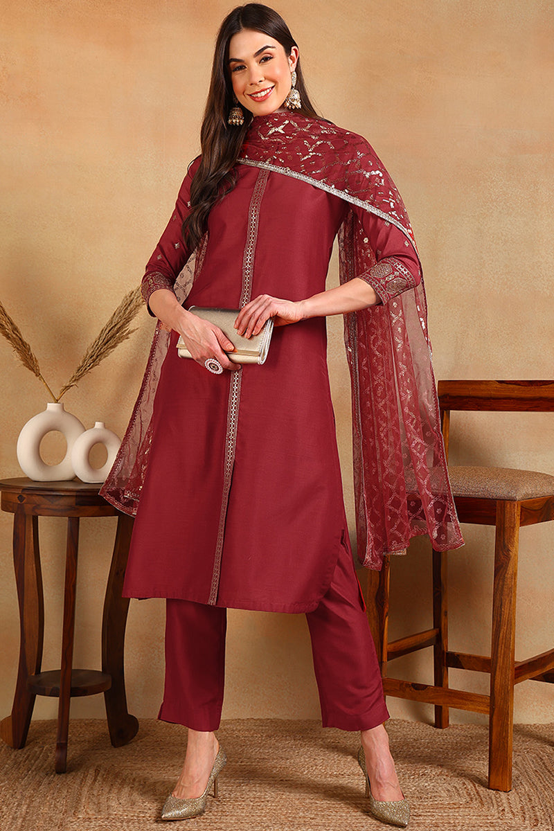 Red Silk Blend Embroidered Straight Suit Set | SHOBITAM