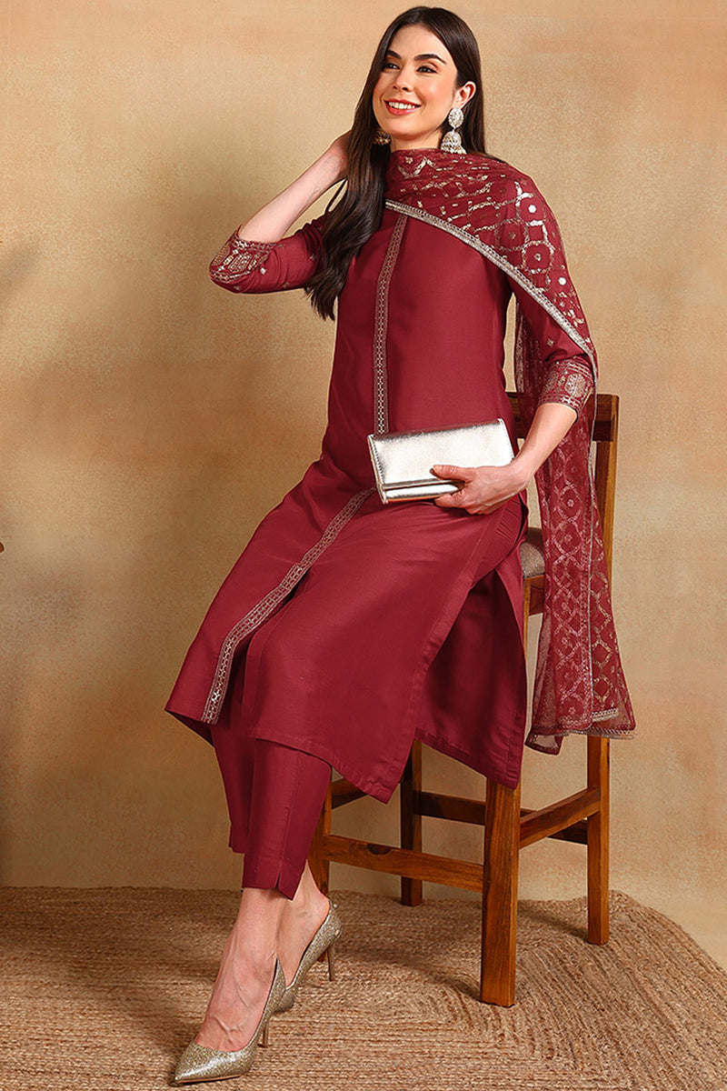 Red Silk Blend Embroidered Straight Suit Set | SHOBITAM