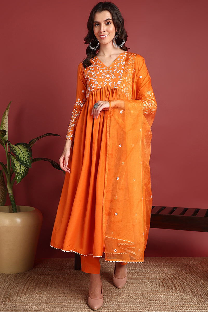 Orange Cotton Blend Solid Embroidered A-Line Suit Set | SHOBITAM