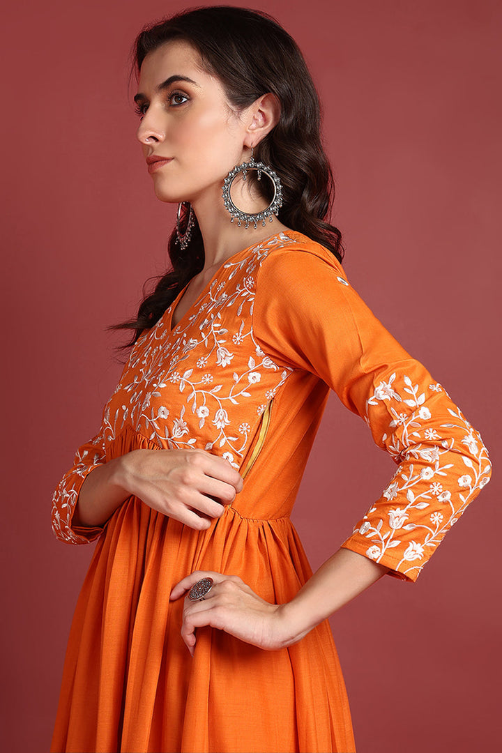 Orange Cotton Blend Solid Embroidered A-Line Suit Set | SHOBITAM