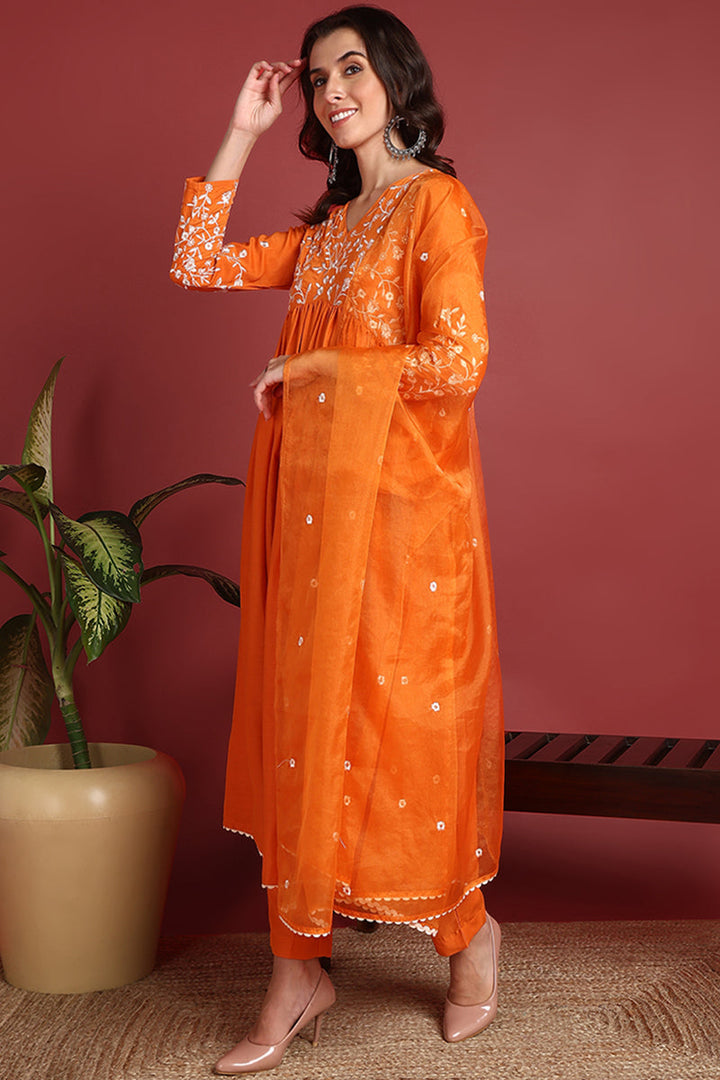 Orange Cotton Blend Solid Embroidered A-Line Suit Set | SHOBITAM