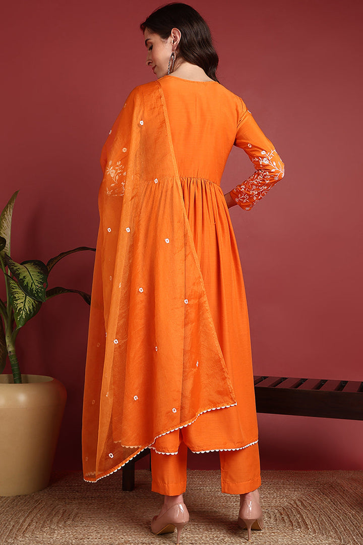 Orange Cotton Blend Solid Embroidered A-Line Suit Set | SHOBITAM