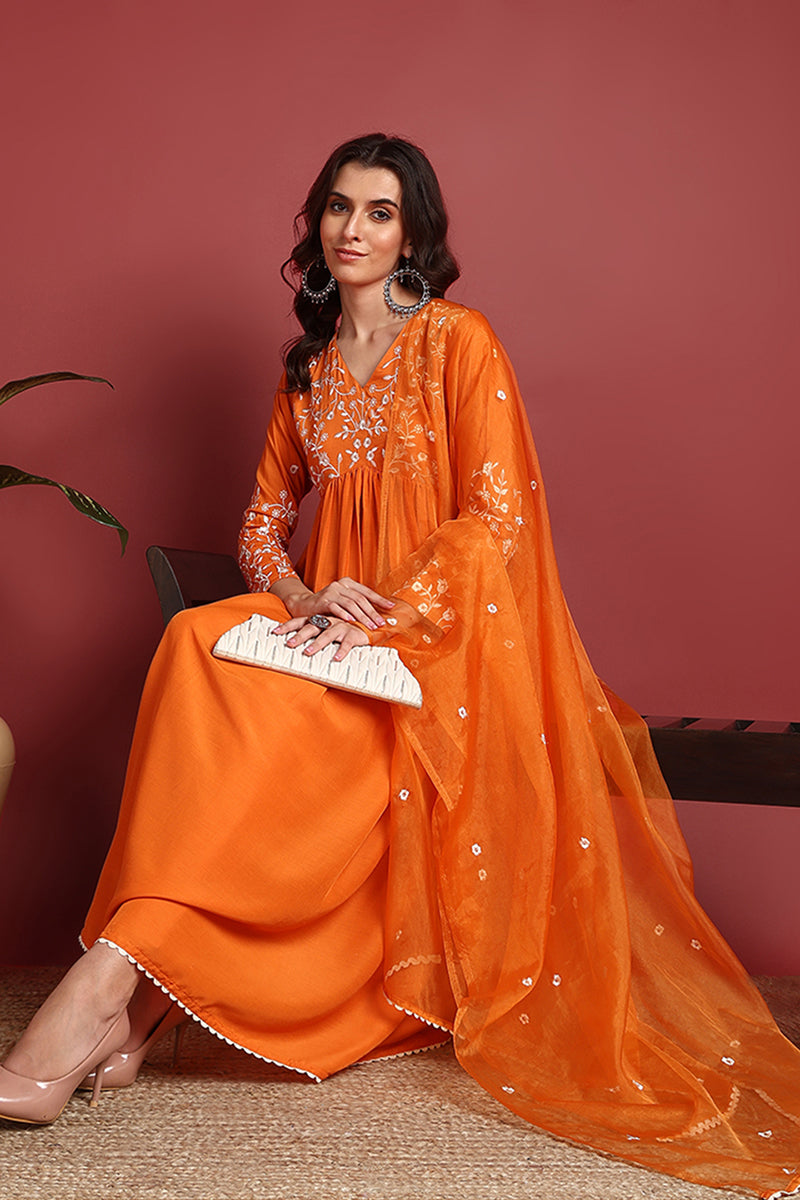 Orange Cotton Blend Solid Embroidered A-Line Suit Set | SHOBITAM