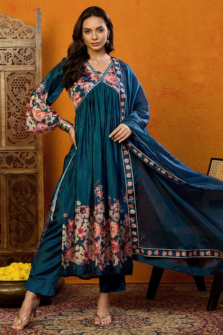 Blue Silk Blend Floral Printed A-Line Suit Set | SHOBITAM