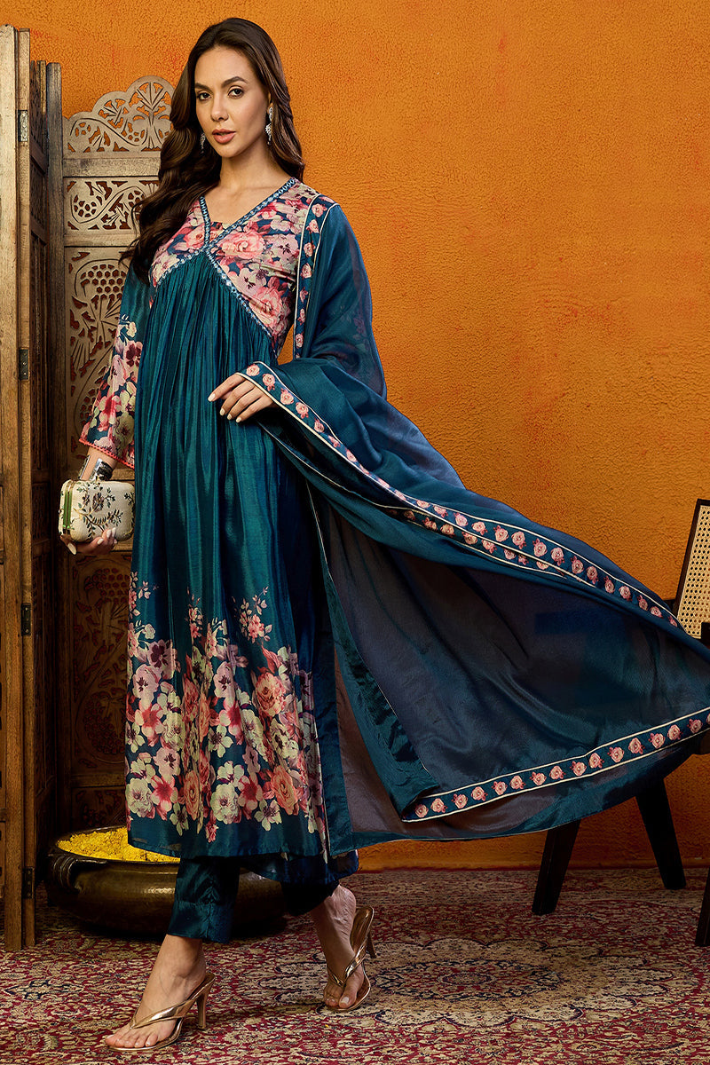 Blue Silk Blend Floral Printed A-Line Suit Set | SHOBITAM