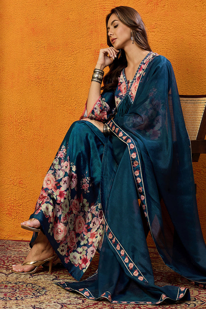 Blue Silk Blend Floral Printed A-Line Suit Set | SHOBITAM