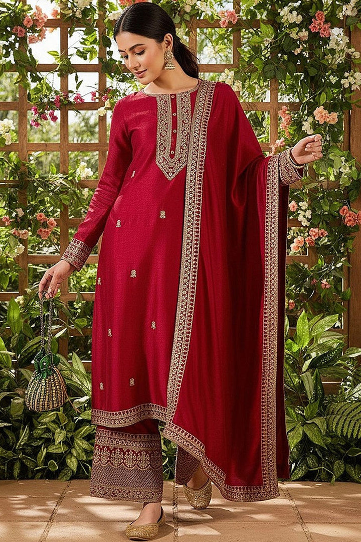 Red Silk Blend Solid Embroidered Straight Palazzo Suit Set | SHOBITAM