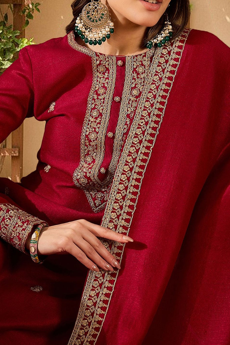 Red Silk Blend Solid Embroidered Straight Palazzo Suit Set | SHOBITAM
