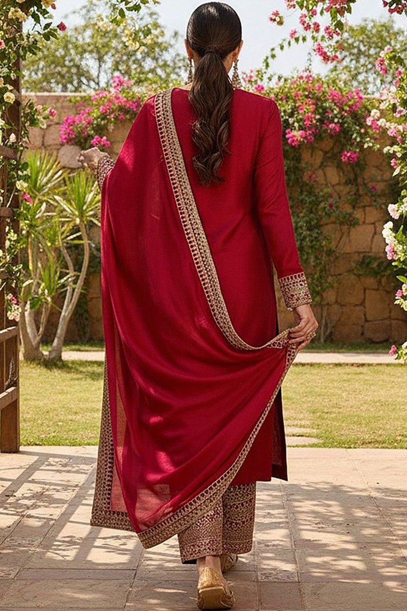 Red Silk Blend Solid Embroidered Straight Palazzo Suit Set | SHOBITAM